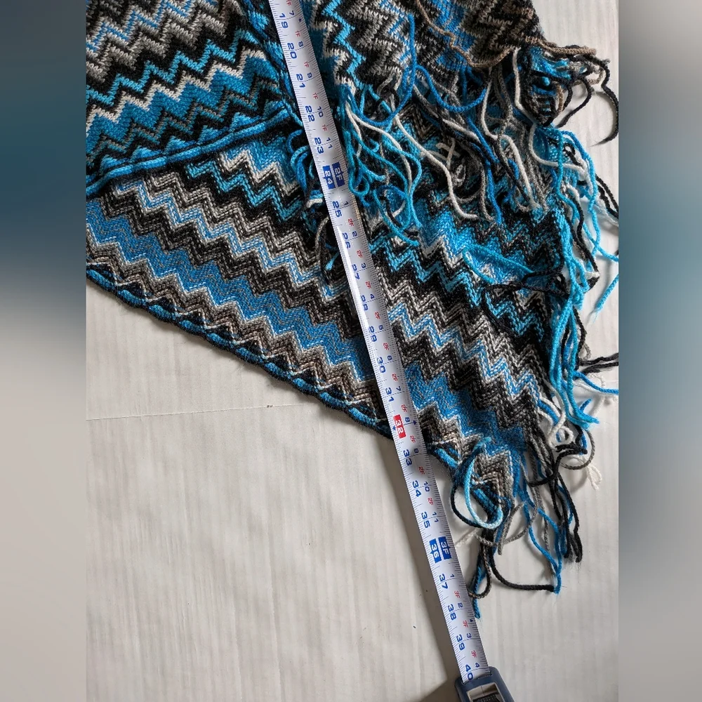 Loose Knit Poncho Sweater Turquoise & Black With Fringes